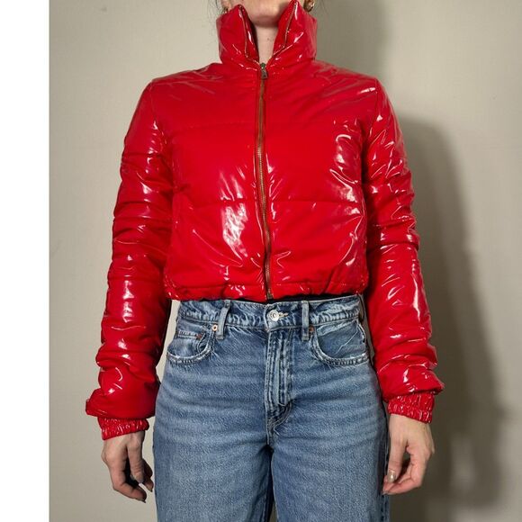 36Points Red Shiny Cropped Bomber Jacket Size Medium - Picture 2 of 5